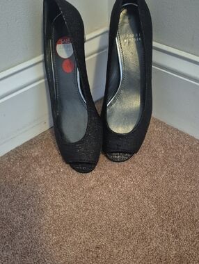 Stuart Weitzman Black Textured Peep-Toe Heels